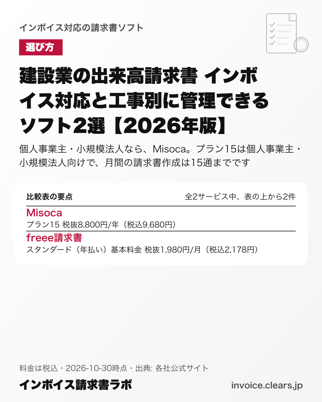 建設業の出来高請求書 インボイス対応と工事別に管理できるソフト2選【2026年版】の比較表の要点