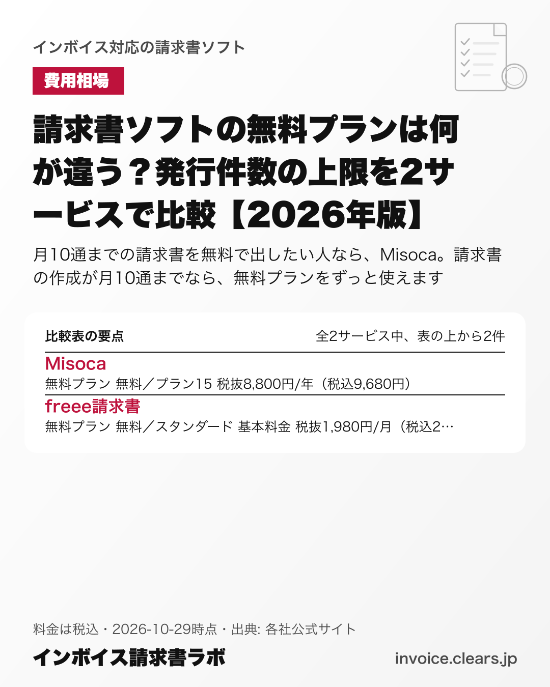 請求書ソフトの無料プランは何が違う？発行件数の上限を2サービスで比較【2026年版】の比較表の要点