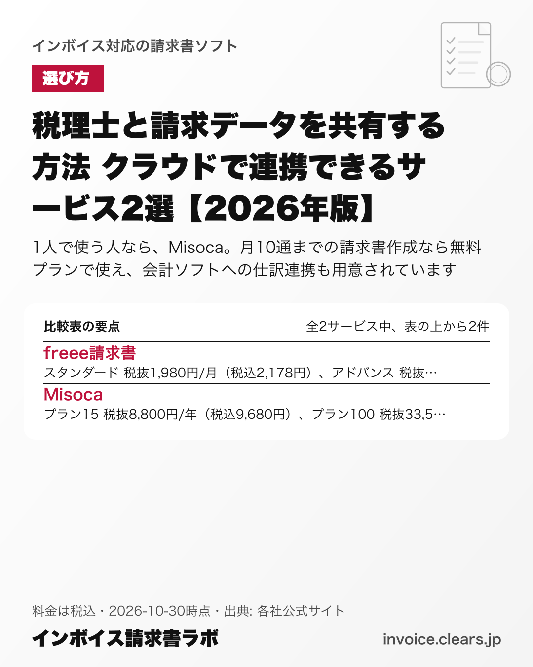 税理士と請求データを共有する方法 クラウドで連携できるサービス2選【2026年版】の比較表の要点