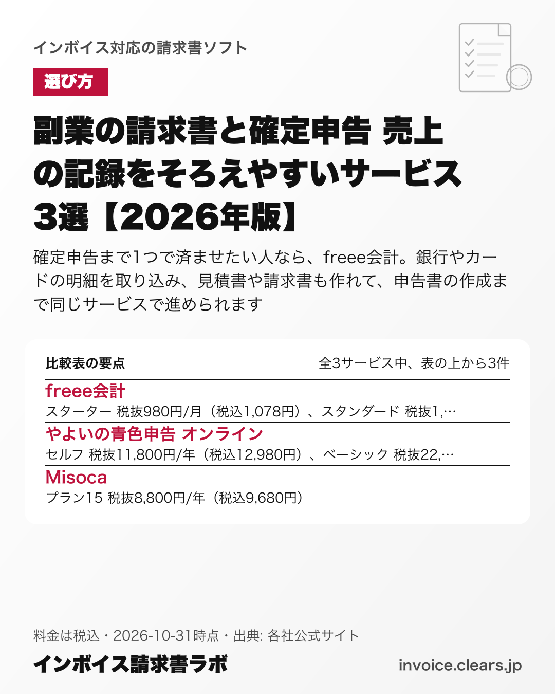 副業の請求書と確定申告 売上の記録をそろえやすいサービス3選【2026年版】の比較表の要点