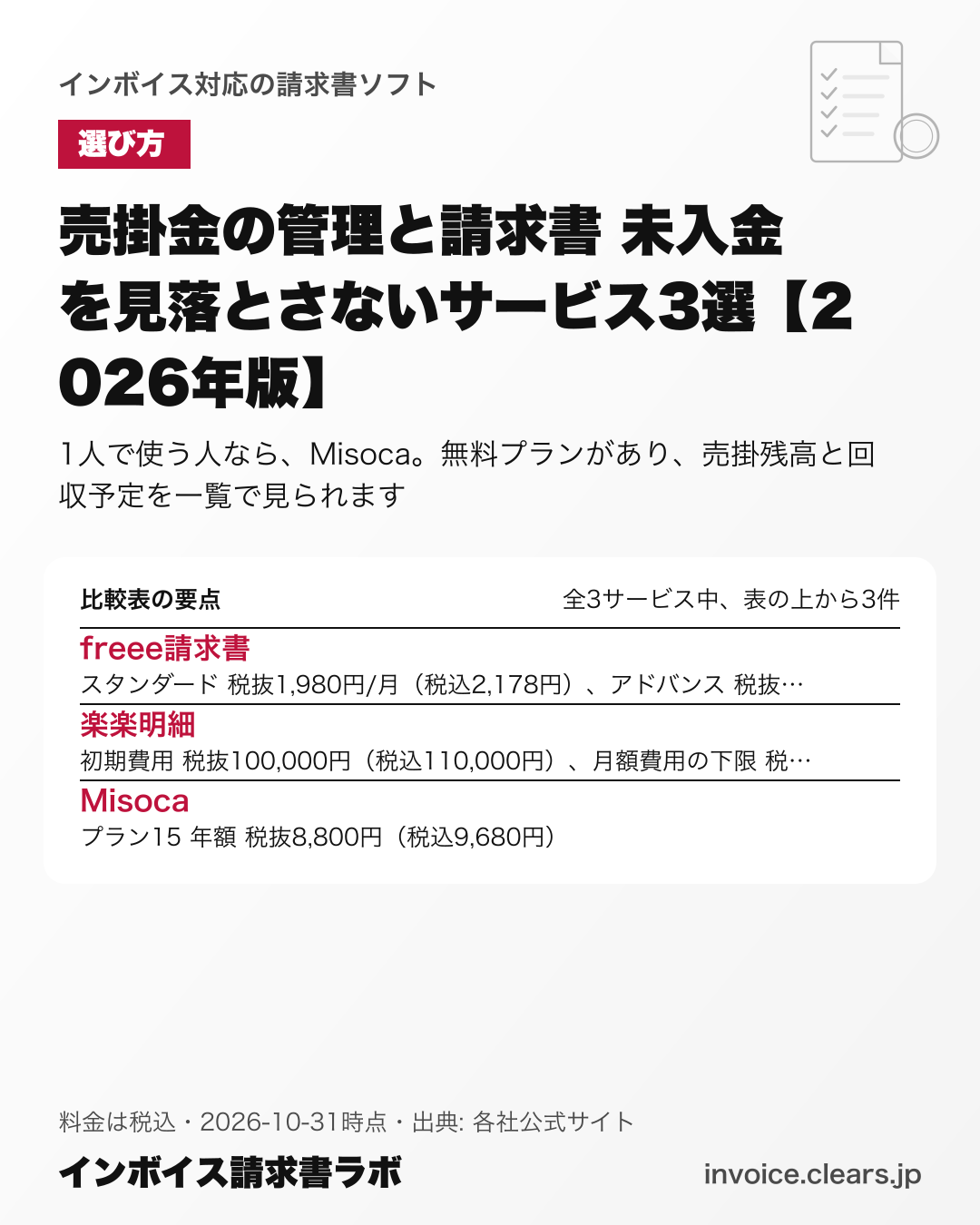 売掛金の管理と請求書 未入金を見落とさないサービス3選【2026年版】の比較表の要点