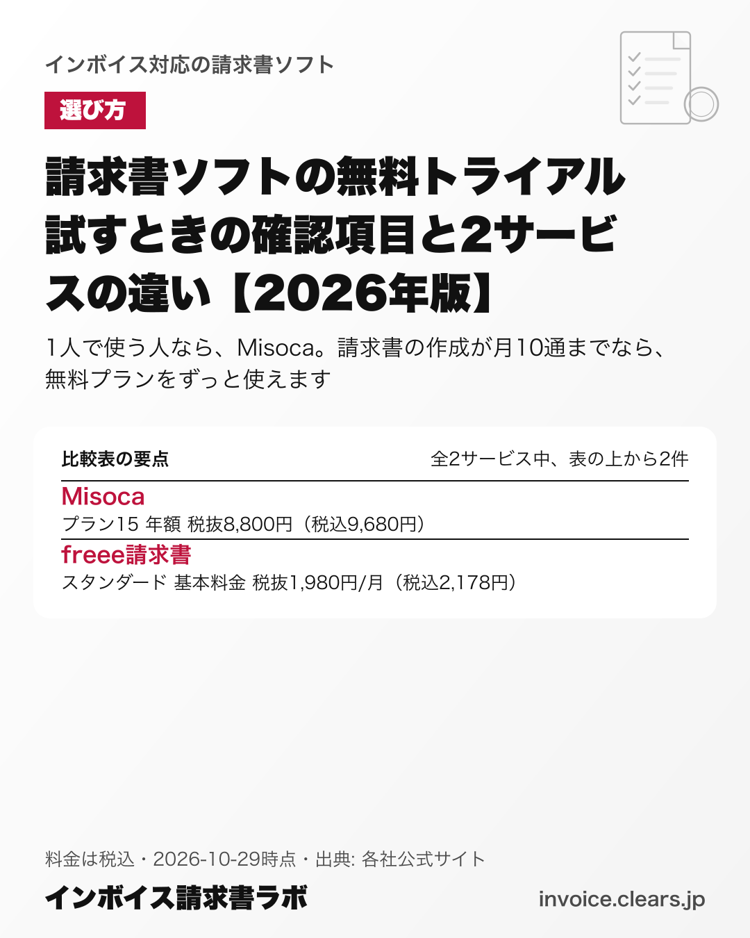 請求書ソフトの無料トライアル 試すときの確認項目と2サービスの違い【2026年版】の比較表の要点