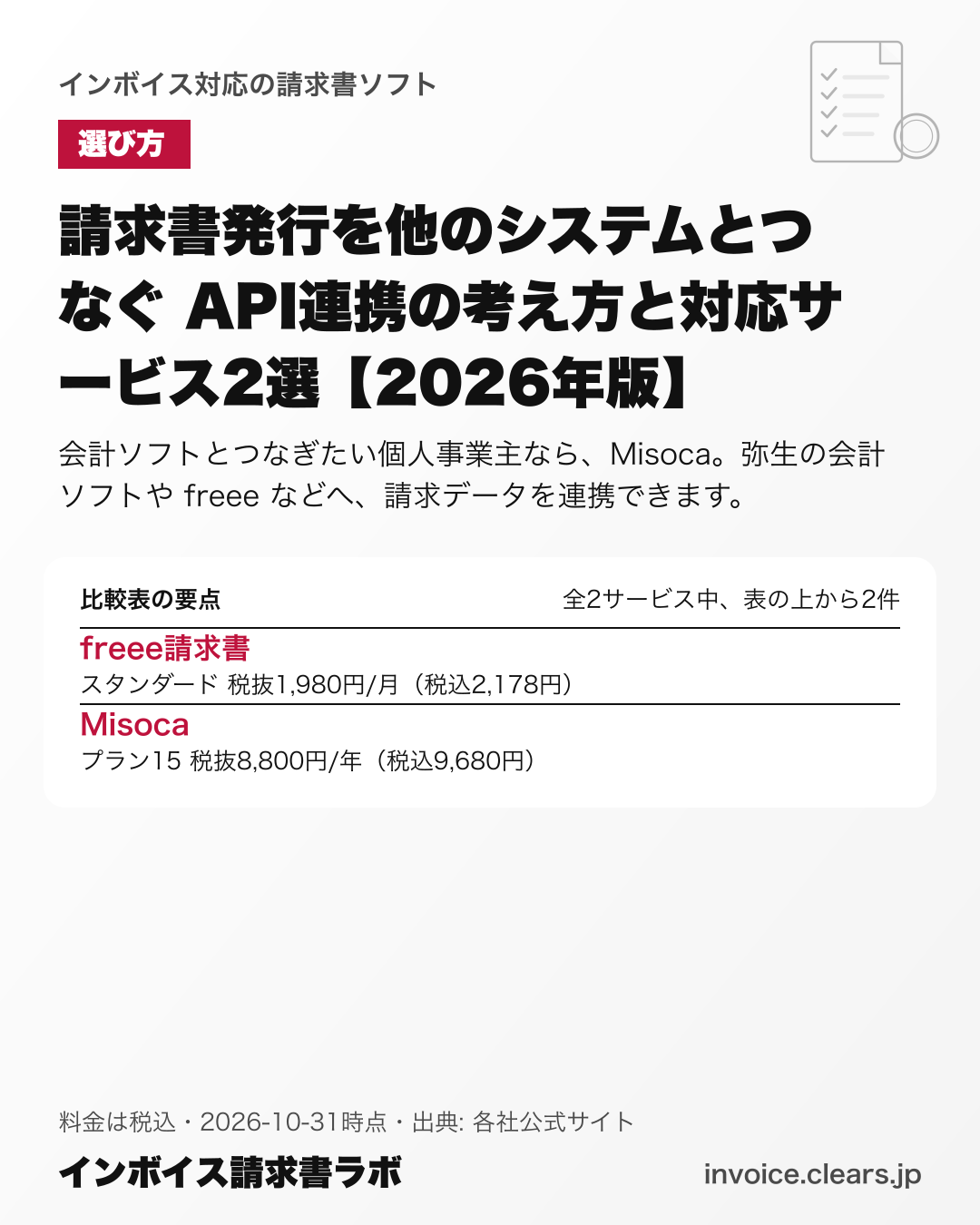 請求書発行を他のシステムとつなぐ API連携の考え方と対応サービス2選【2026年版】の比較表の要点