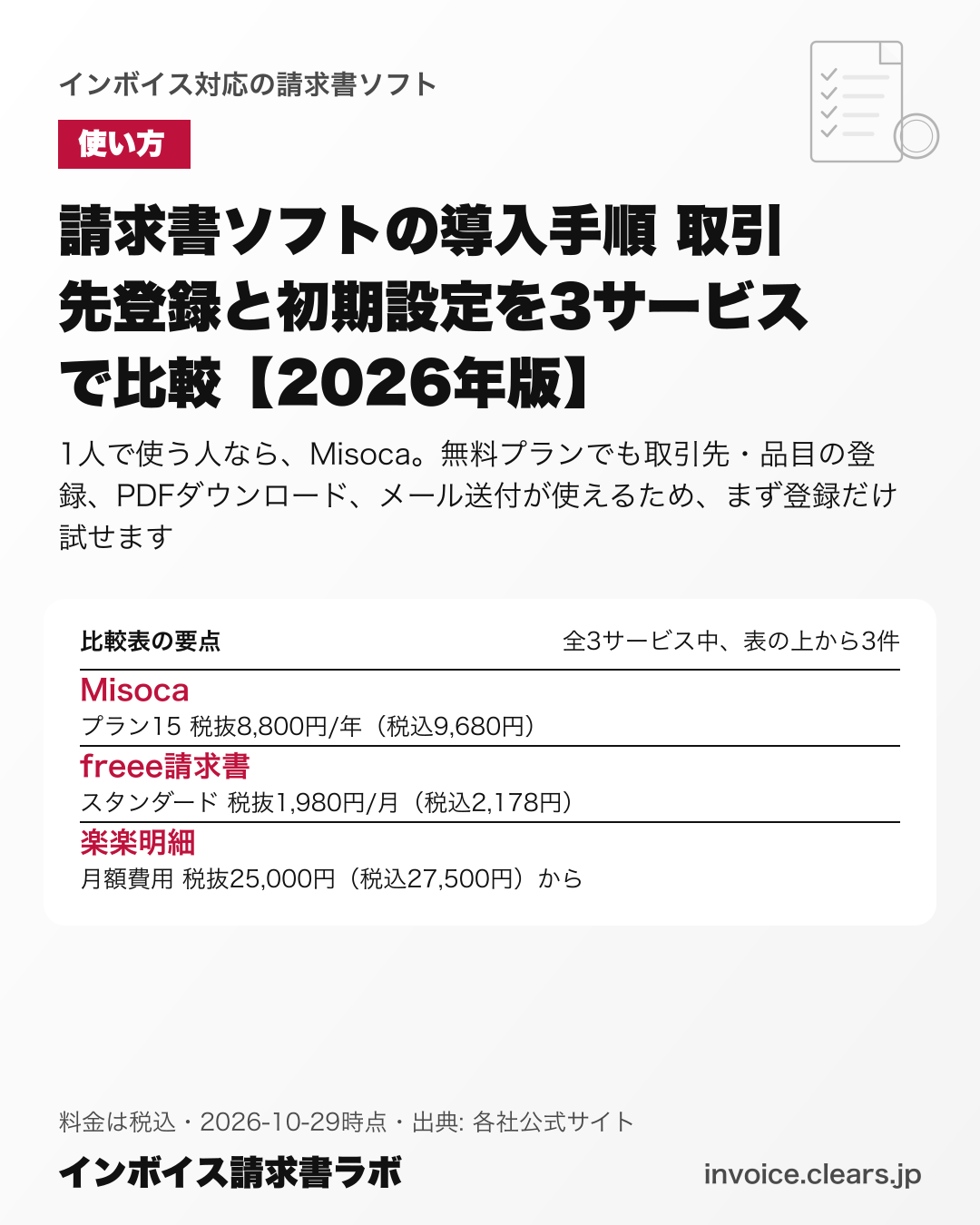 請求書ソフトの導入手順 取引先登録と初期設定を3サービスで比較【2026年版】の比較表の要点