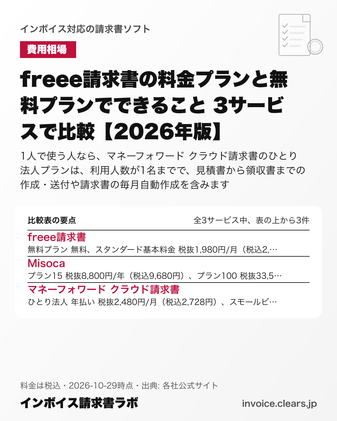 freee請求書の料金プランと無料プランでできること 3サービスで比較【2026年版】の比較表の要点