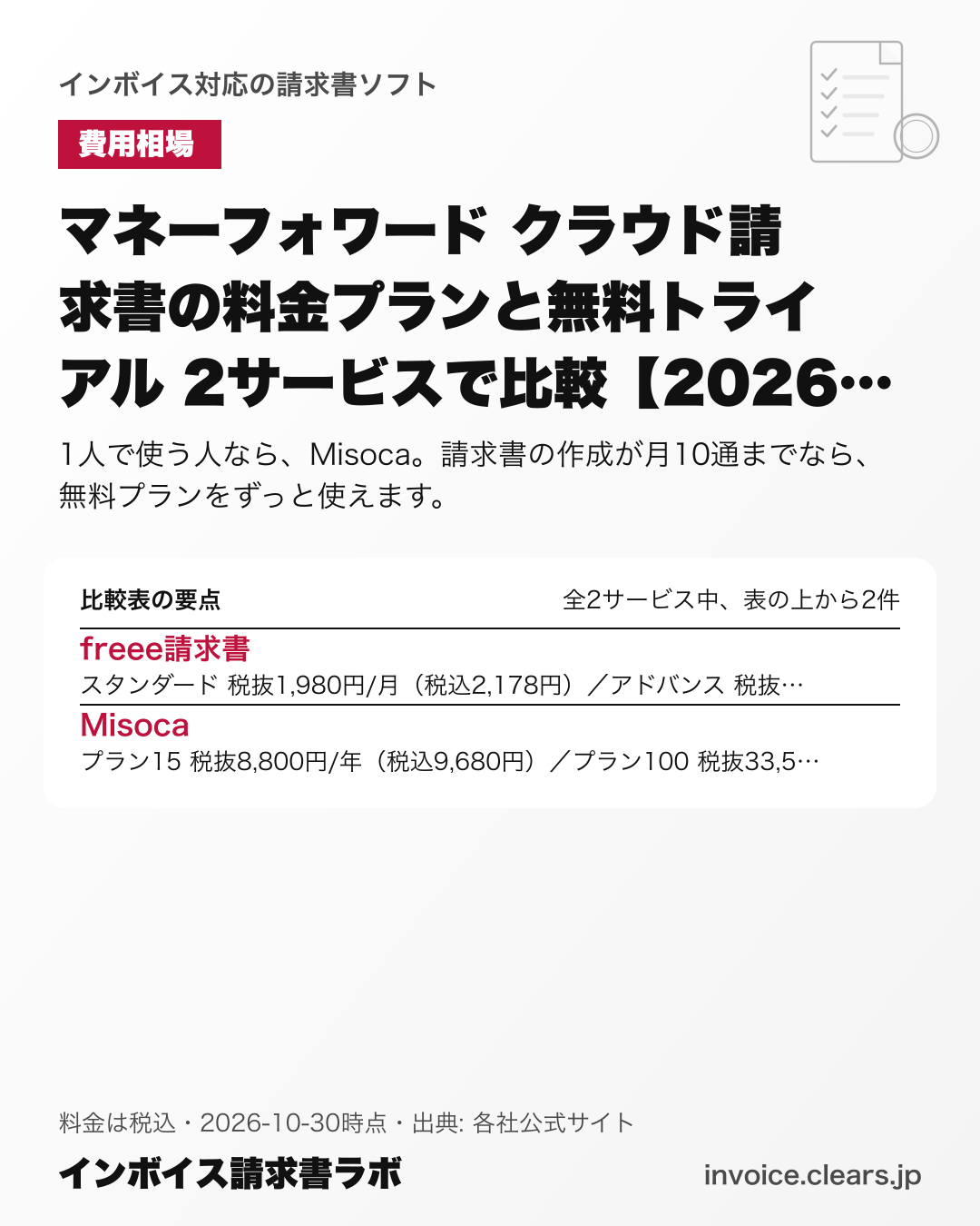 マネーフォワード クラウド請求書の料金プランと無料トライアル 2サービスで比較【2026年版】の比較表の要点